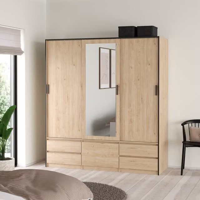 Furniture To Go Line Wardrobe in Jackson Hickory Oak with 2 Sliding Doors and 1 Mirrored Sliding Door