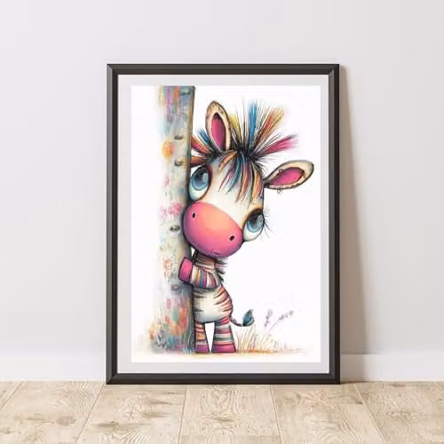 60 SECOND MAKEOVER Peeking Colourful Zebra Print Wall Art Poster, Multicolour, A4