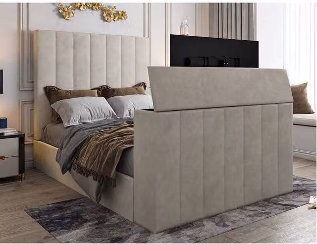 KDMD Vogue Upholstered Soft Velvet Line Pebble TV Bespoke Bed Frame in Light Sand, Size: Small Double (W/D/H: 120 x 200 x 152 cm)