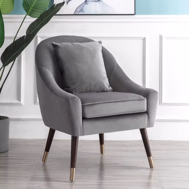 Artemis Home Grey Velvet Tub Accent Chair with Armrests and Solid Wood Frame