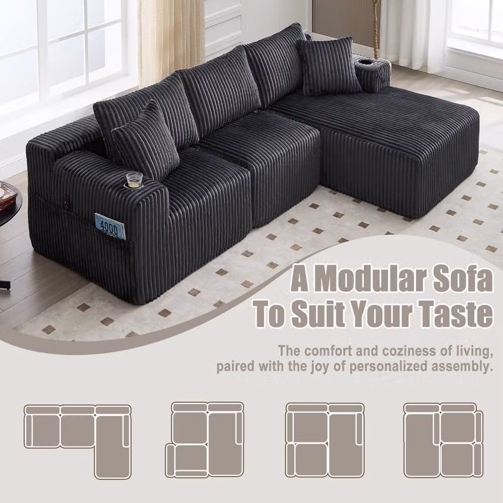 STILVORA Modular L-Shape Sectional Sofa in Grey Corduroy with Cup Holders and Sleeping Function – 4
