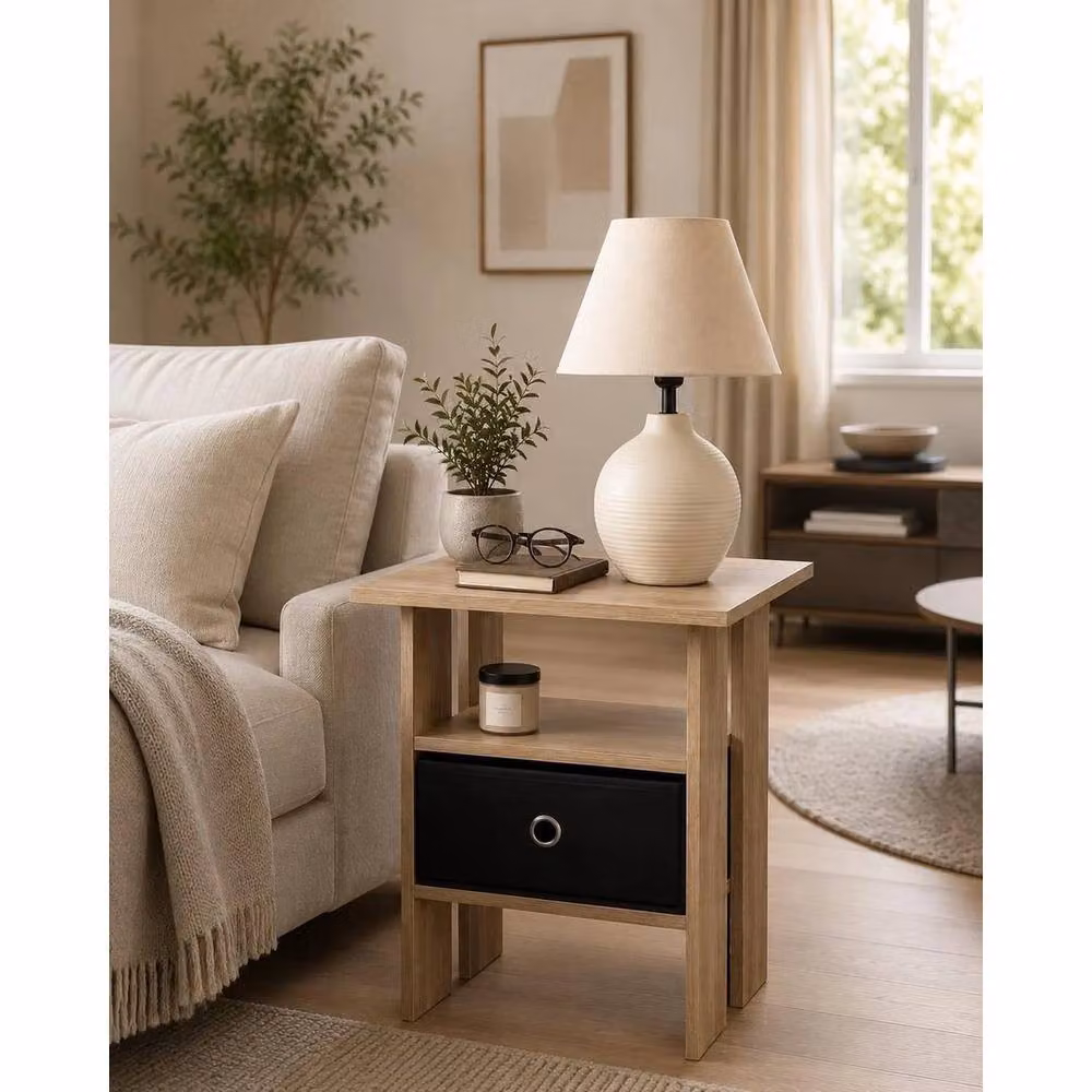 Kelvenix Side Table with Black Basket in Oak Finish, Brown – 4