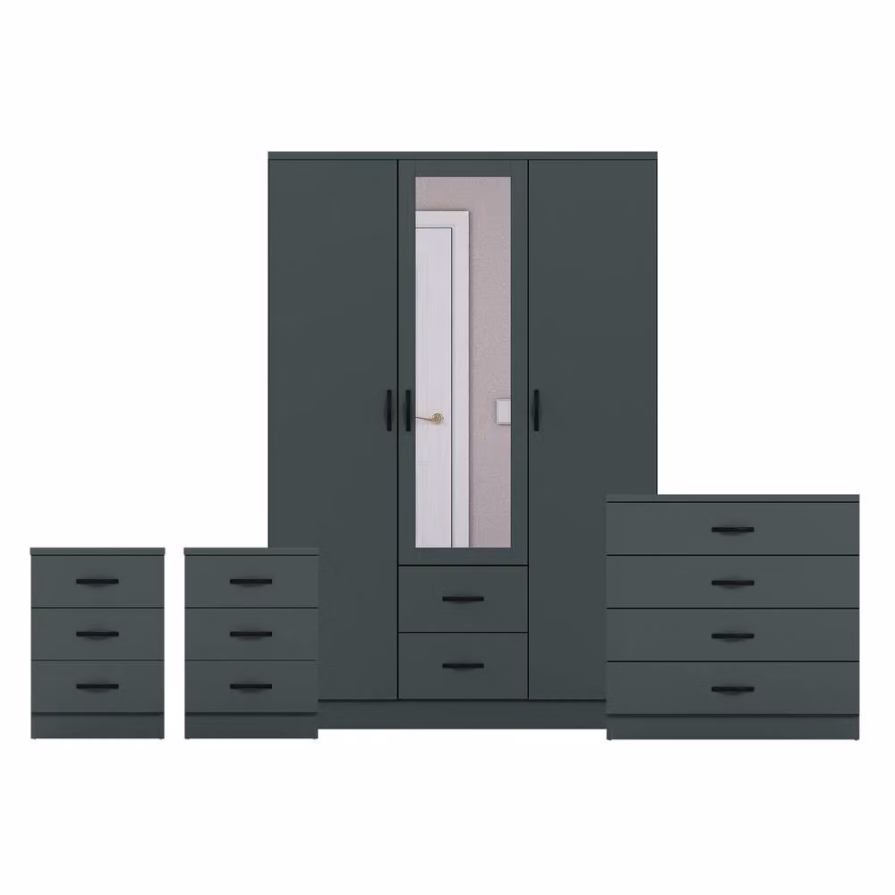 Vida Designs 4 Piece Modern Green Bedroom Set including 2 Bedside Tables, 4 Drawer Chest and 3 Door Mirror Wardrobe – 3