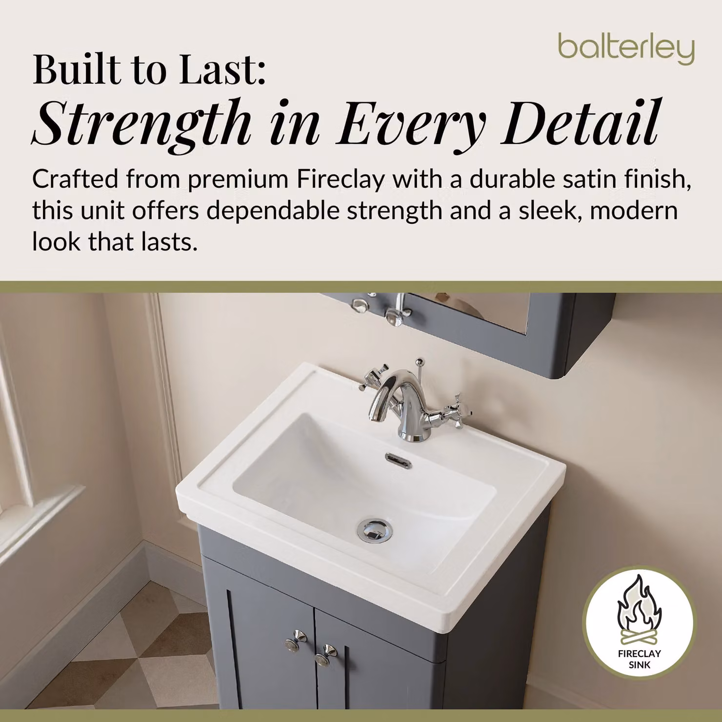Balterley 2-Door Freestanding Bathroom Floor Vanity Unit with Fireclay Basin in Matt Dark Grey, W: 50 cm, H: 86.5 cm – 3