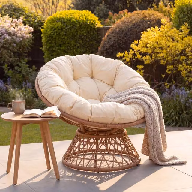 Artemis Home Liora Rattan Swivel Papasan Chair in Beige for Indoor or Outdoor Use