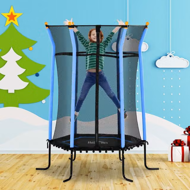 HOMCOM Kids Mini Trampoline with Safety Net and Metal Frame, Blue