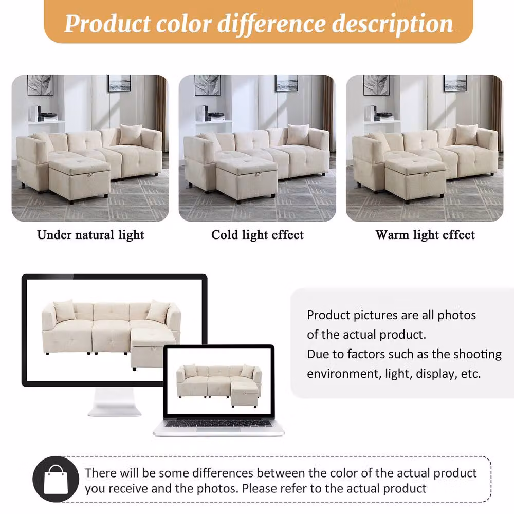 FENCHILIN L-Shaped Reversible Corner Sofa with Movable Storage Ottoman and Scatter Cushions in Beige – 3