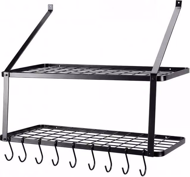 Kelvenix 2 Tier Wall Mounted Metal Pot Pan Rack in Matt Black