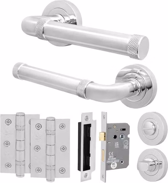 AFIT Polished Chrome Bathroom Door Handle Set with Lock and Hinges in Silver – 1