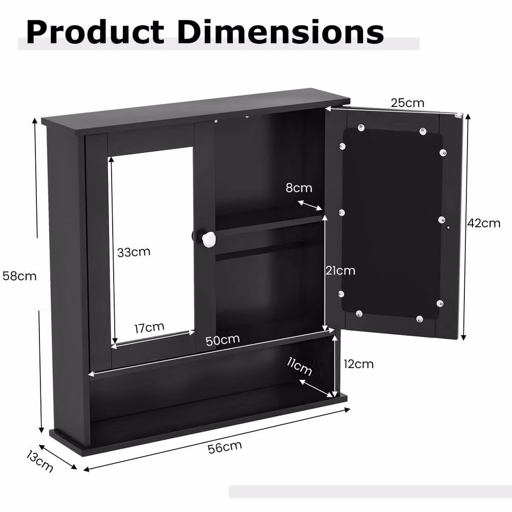 Costway Black Wooden Wall Mounted Bathroom Medicine Cabinet with Mirror and Two Hinged Doors – 2
