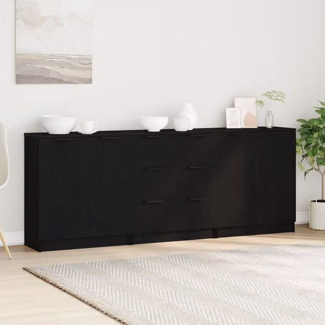 Berkfield Home 3 Piece Black Oak Sideboard Set in Engineered Wood