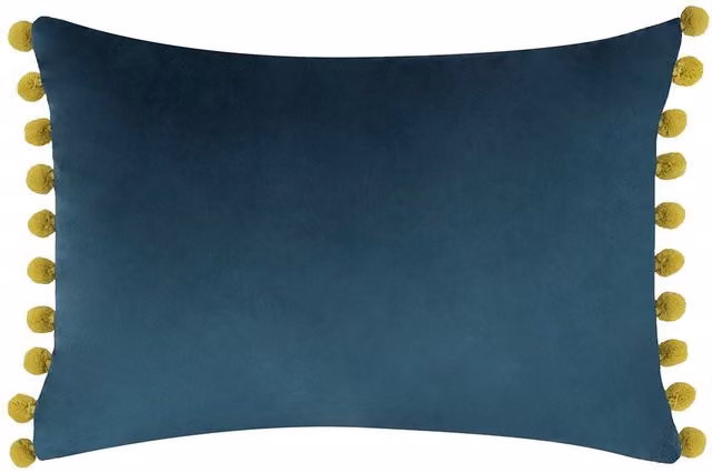 Paoletti Fiesta Rectangular Filled Cushion in Blue and Yellow with Pom Pom Edges, Faux Velvet Fabric, W: 50 cm, H: 35 cm – 5
