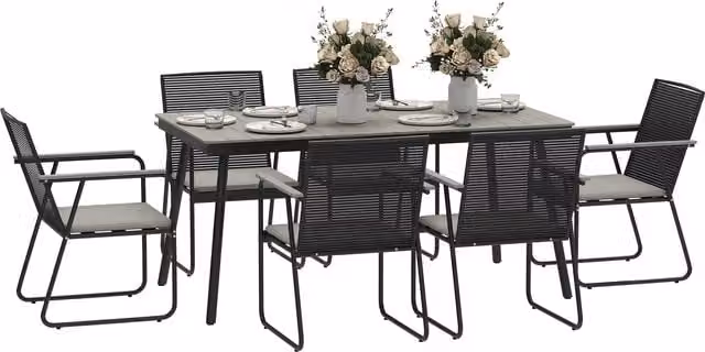 Outsunny 6 Seater Grey Rattan Garden Dining Set with Rectangular Composite Table and Soft Cushions