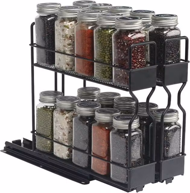 KORVIXA 2-Tier Sliding Spice Rack Organizer, Black Metal, Width: 28 cm – 1