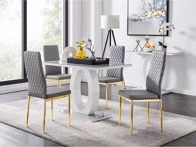 FurnitureboxUK Modern Rectangular Grey Glass Dining Table with Four White Faux Leather and Gold Chairs