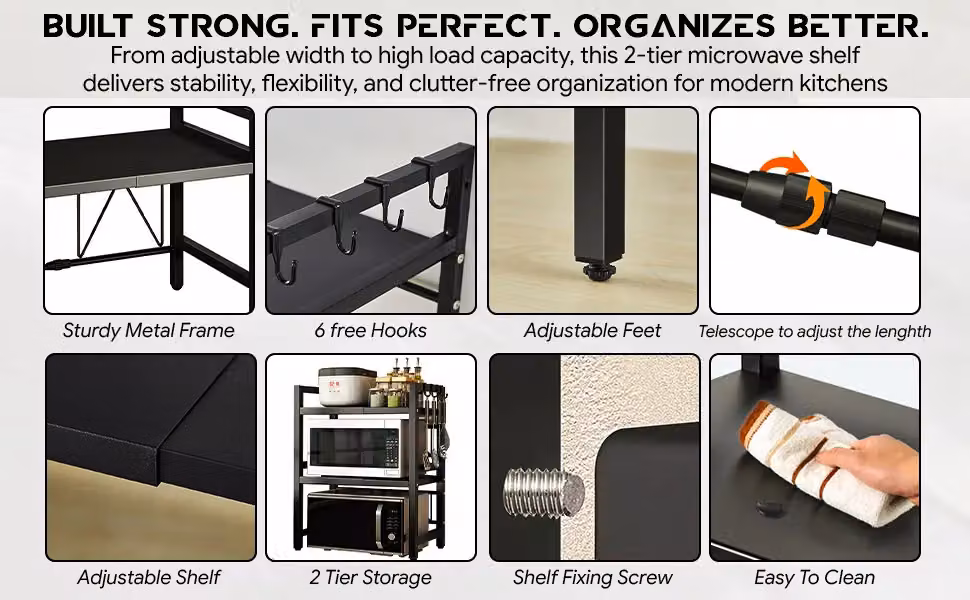 Hygrad 2-Tier Heavy Duty Extendable and Adjustable Microwave Oven Stand in Black Metal with 3 Hooks – 6