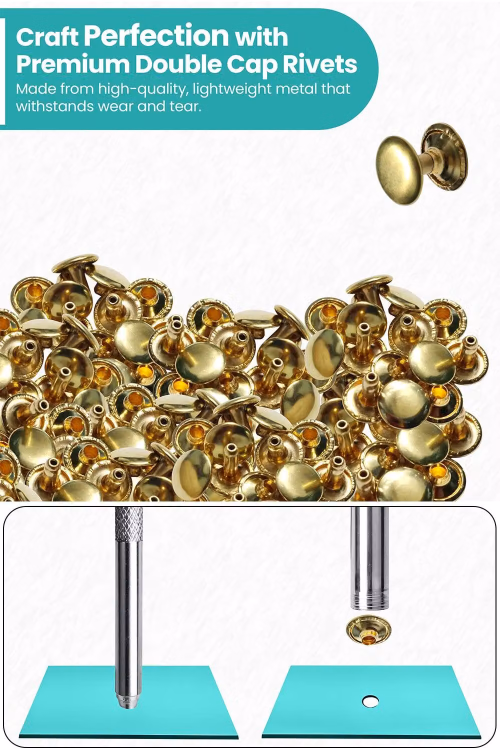 Neel Blue 10mm Double Cap Rivet Tubular Metal Studs and Gold Leather Rivets, 100pcs – 4