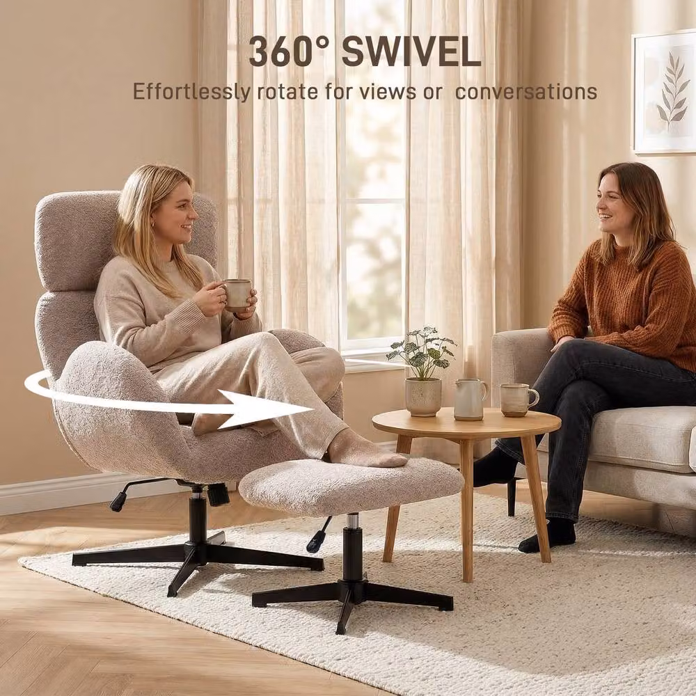 STILVORA Beige Velvet Swivel Armchair with Ottoman and Metal Frame – 5