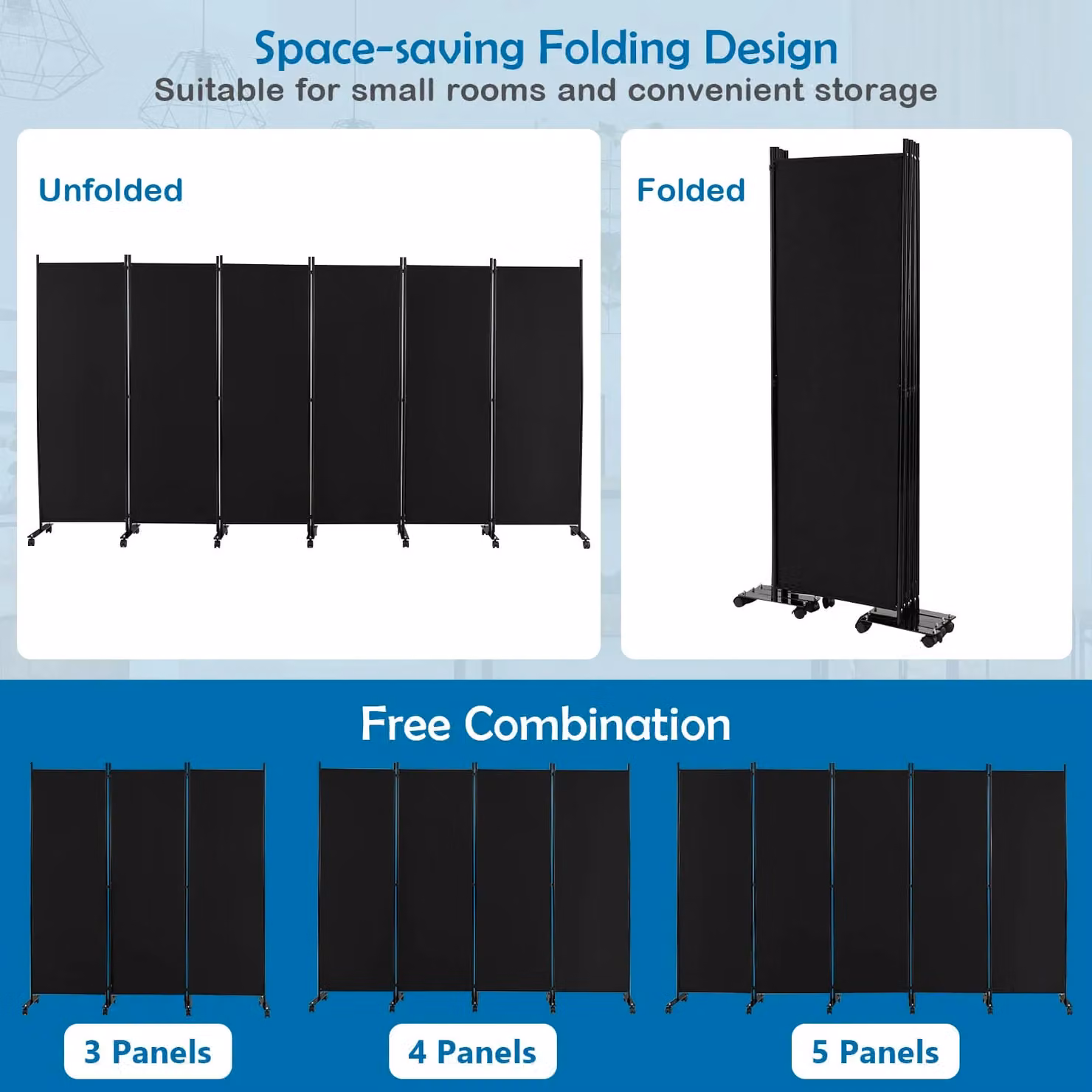 Costway 6-Panel Folding Room Divider Privacy Screen with Lockable Wheels, Black, Height: 172 cm – 5
