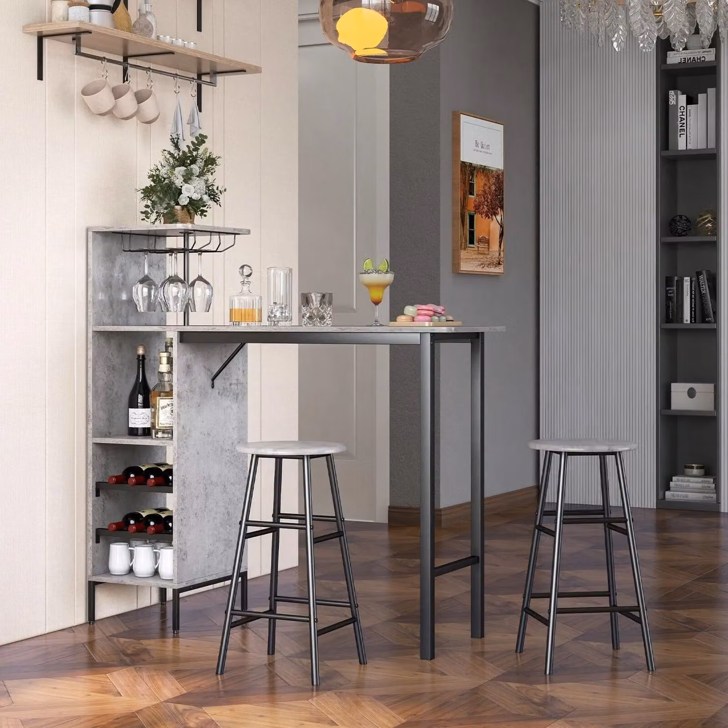 Costway Industrial Kitchen Dining Set with Bar Table and 2 Stools in Grey – 3