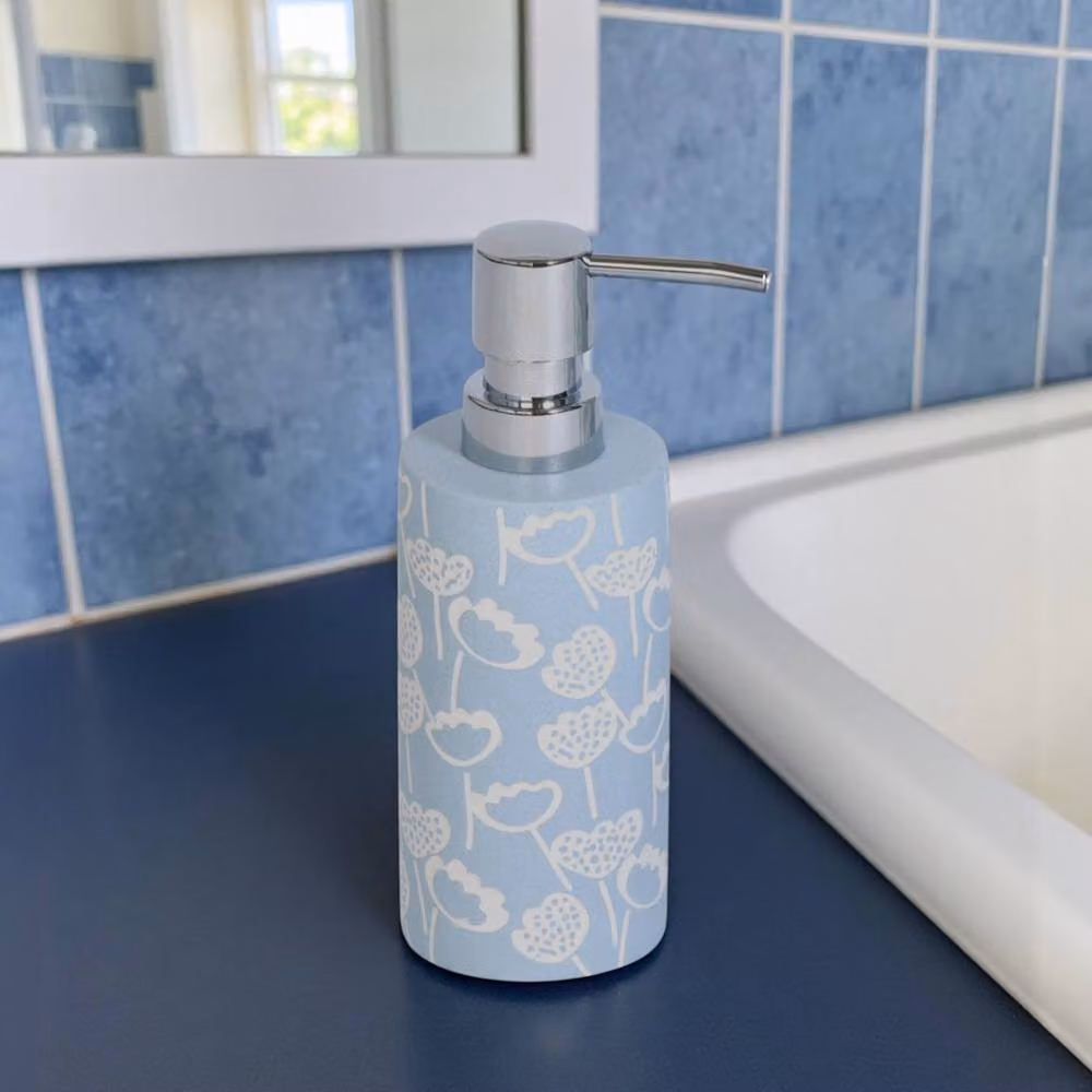 Showerdrape Buttercup Blue Floral Bathroom Accessory Set with Soap Dispenser and Tumbler in Light Blue – 2