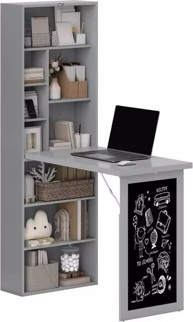Rolipo Grey Folding Convertible Computer Desk with Blackboard and Side Shelf