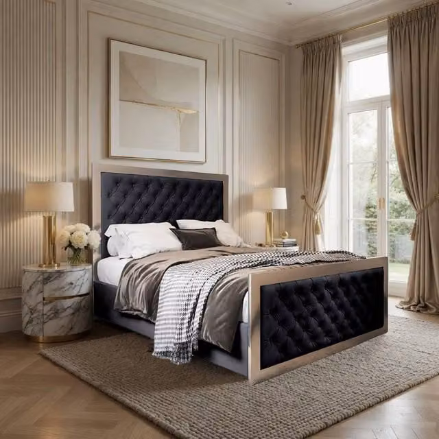 Casani Launceston Upholstered Velvet Designer Bed Frame with Black Metal Details, Single, W/D/H: 90 x 190 cm – 1