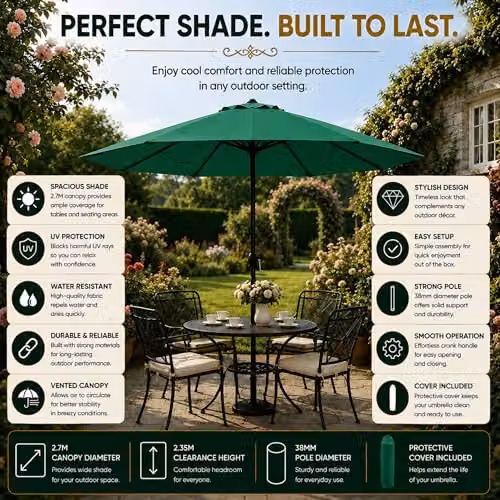 GlamHaus Green Garden Parasol Umbrella with UPF 40 Protection and Cover – 7