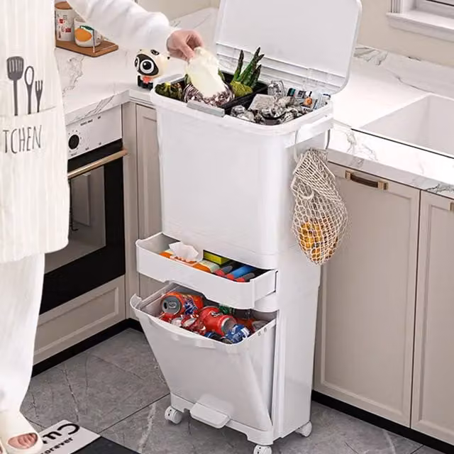 Livingandhome 3-Tier Pedal Trash Bin with Dry and Wet Separation in Grey, 6kg Capacity