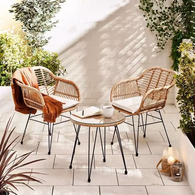FurnitureboxUK Belize 3 Seater Rattan Garden Bistro Set with Round Glass Top Table in Beige and Black