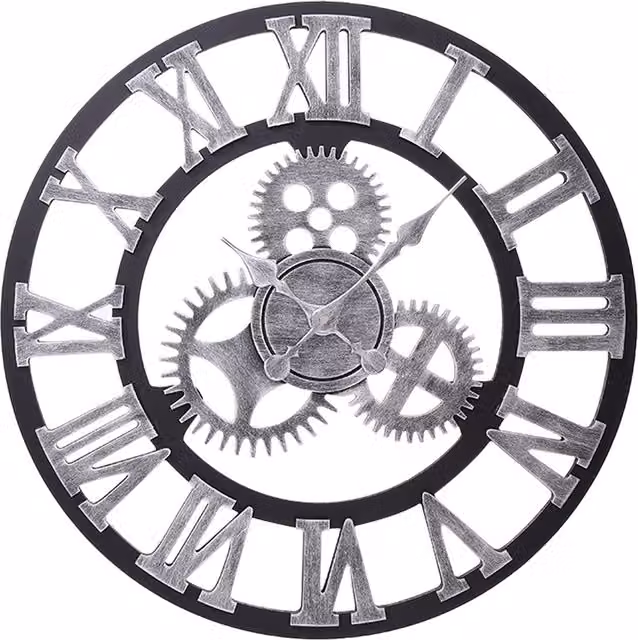 Livingandhome Industrial Large Silent Round Analog Wall Clock in Silver