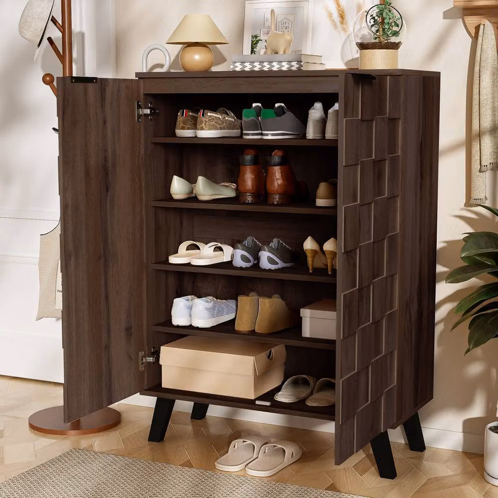 Merax Modern Brown and Black Shoe Cabinet with Soft-Close Hinged Doors and Internal Shelves, W/D/H: 80 x 35 x 110 cm – 2