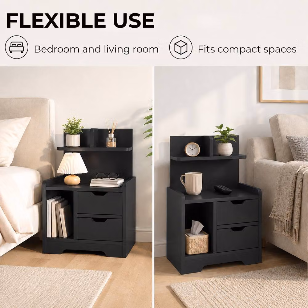 HOMCOM Modern Black Bedside Table with 2 Drawers and Open Shelves – 4