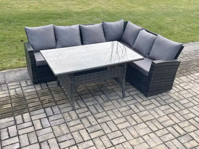 Fimous 6 Seater Rattan Garden Furniture Set with Corner Sofa, Dining Table and Cushions in Dark Grey