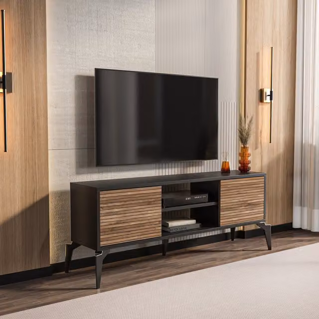 Decorotika Lojo Modern Black Wood TV Stand with Abstract Pattern