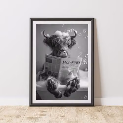 60 Second Makeover Highland Cow Newspaper In Bath Animal Print Paper Poster, A3