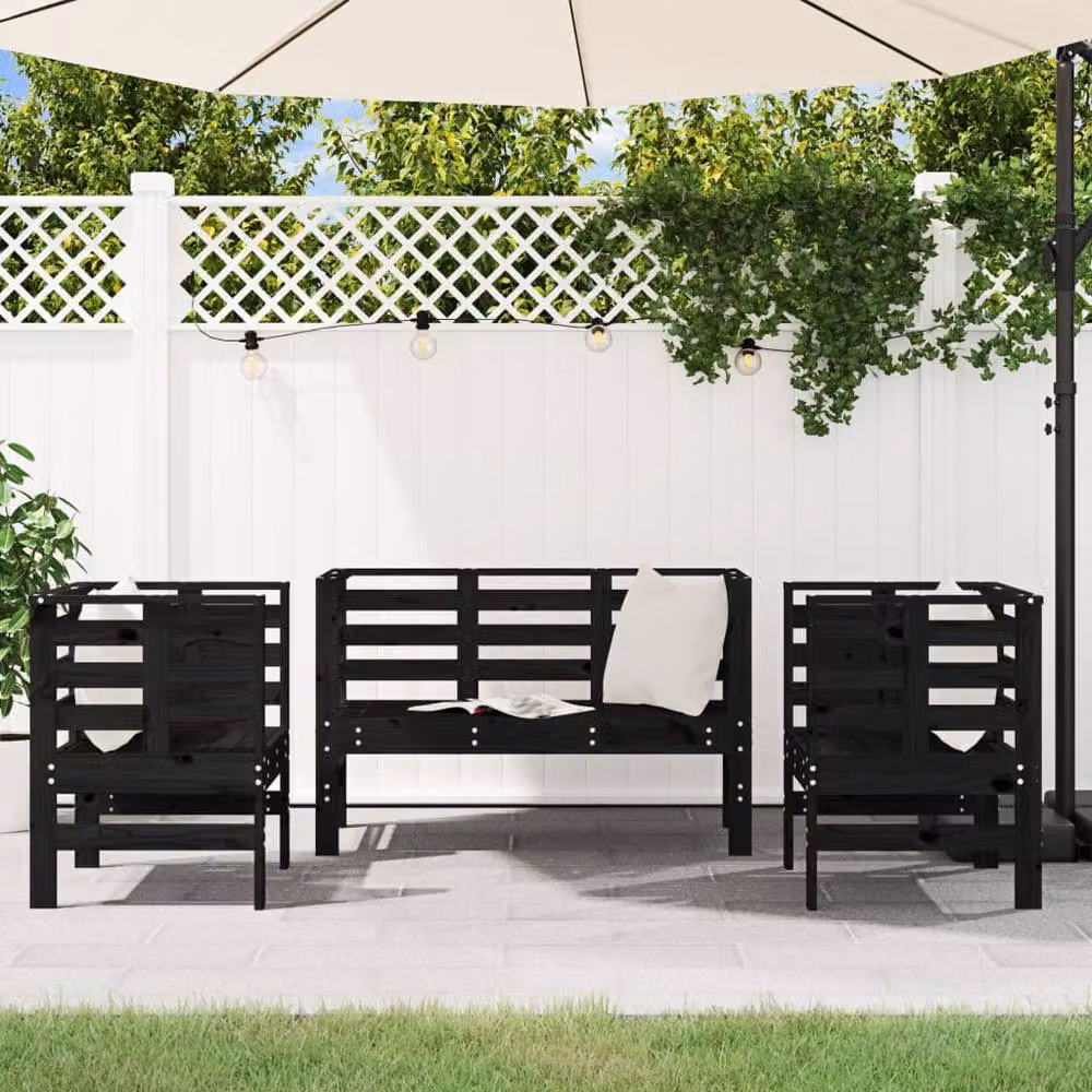 Berkfield Home 3 Piece Rustic Garden Lounge Set in Black Solid Pine with Cushions – 2