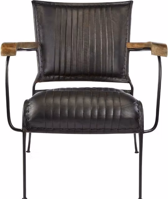 Elm Home And Garden Retro Black Genuine Leather Armchair with Metal Frame