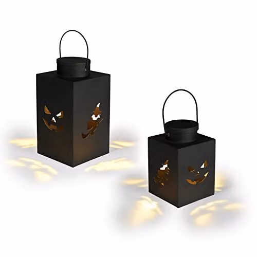 Lights4fun Set of 2 Black Metal Halloween LED Battery Operated Candle Lanterns for Indoor and Outdoor Use – 2