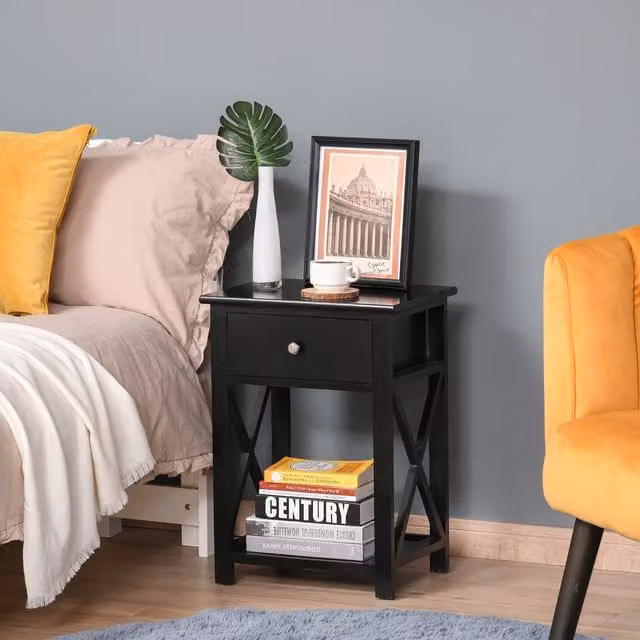 HOMCOM Modern Black End Side Table with Drawer and Shelf, Height: 55 cm