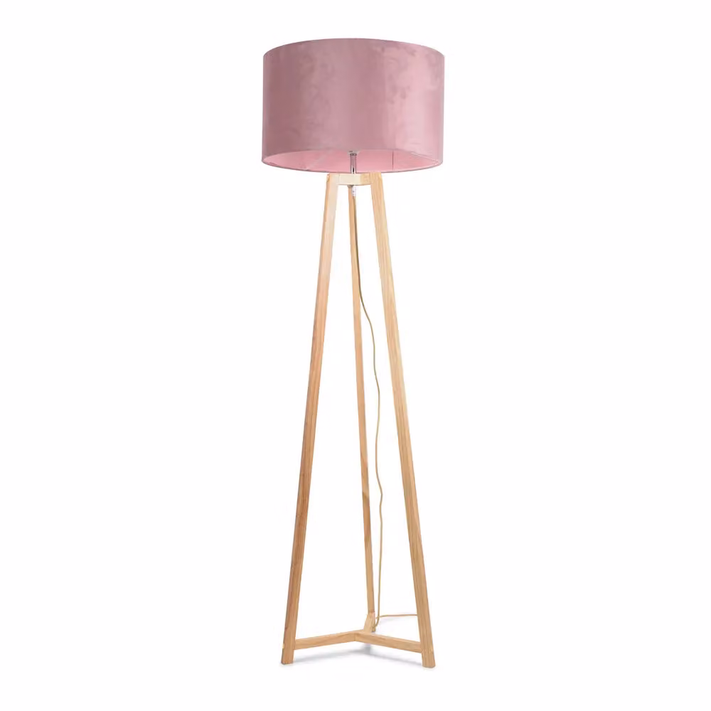 ValueLights Lottie Tripod Floor Lamp with Blush Pink Velvet Drum Shade and Natural Wood Base – 2