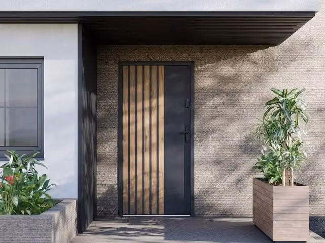 Vente-unique Modern Full Steel Front Door in Black with Dark Grey Oak Effect Stripes, H 207 cm x W 100 cm