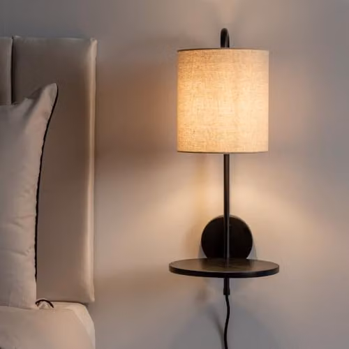 ValueLights Ryan Wall Lamp with Beige Linen Shade and Black Wood Shelf – 2