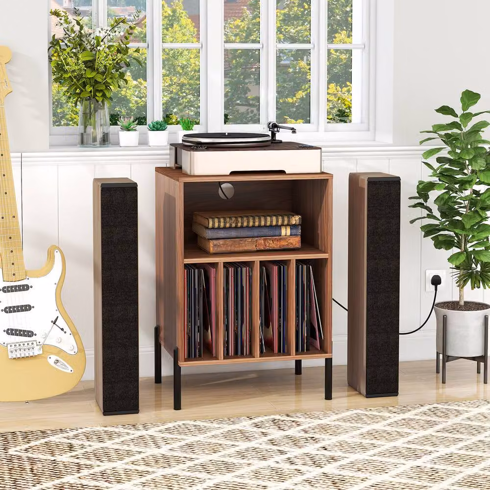 Gymax Modern Record Player Stand with 5 Media Compartments and Charging Station in Brown – 2