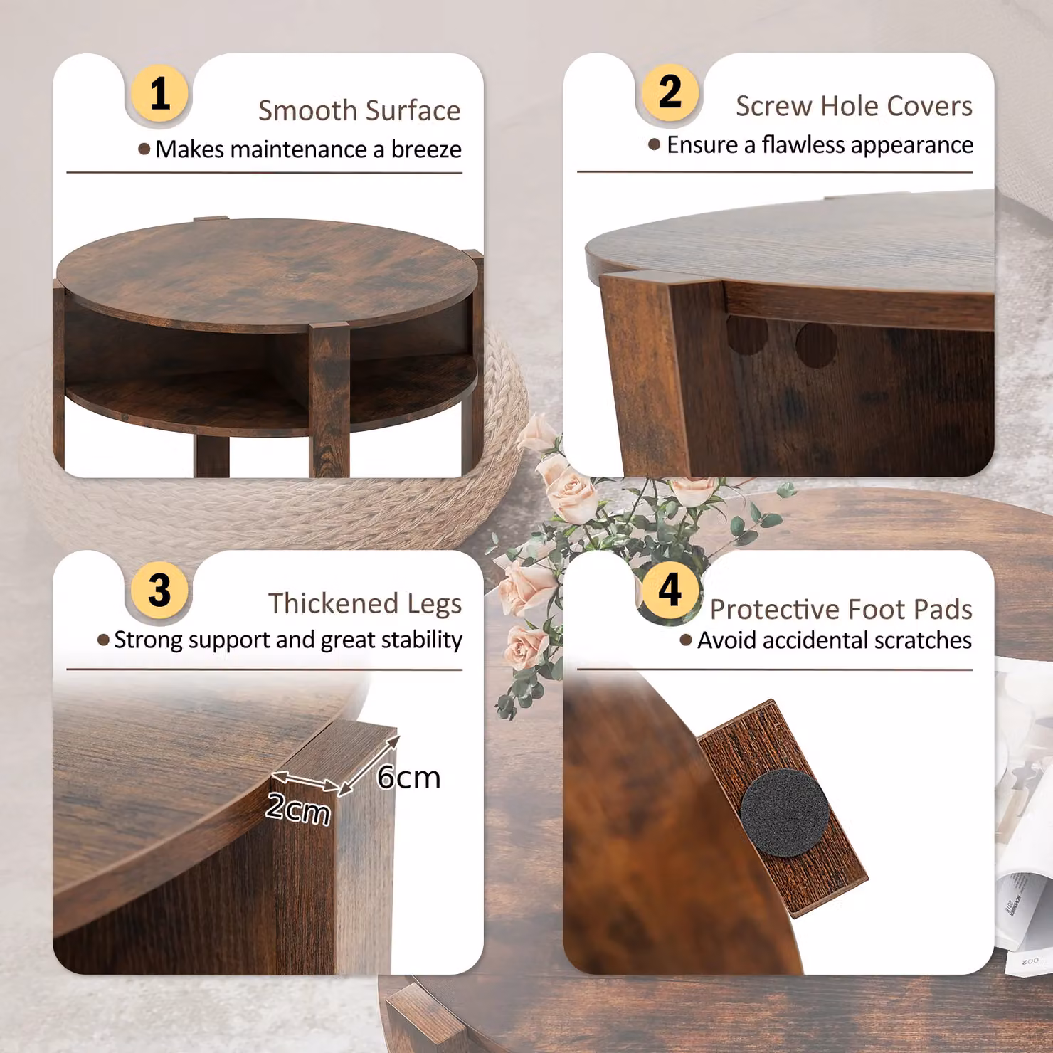 Gymax 2-Tier Round Wood Coffee Table with Storage in Brown – 5