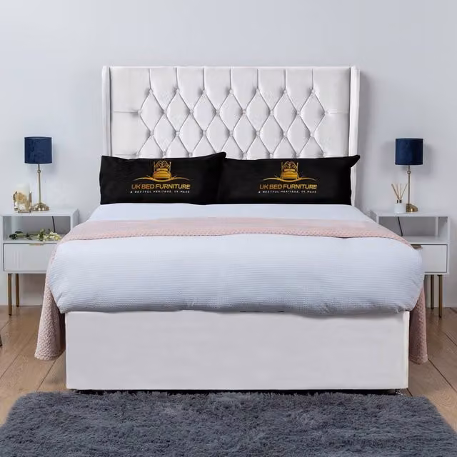 UK Bed Furniture Mary Winged Divan Bed Base with 54 Inch Buttoned Headboard in White Velvet, King Size, W/D/H: 180 x 200 cm
