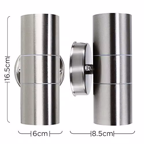 MiniSun Modern Brushed Chrome Up/Down Outdoor Security Wall Light with LED Dusk to Dawn Sensor Bulbs, 4000K Neutral White, IP44 Rated – 2