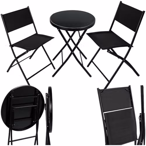 tectake Garden Bistro Set with Glass Top Round Table and 3 Chairs in Black – 1