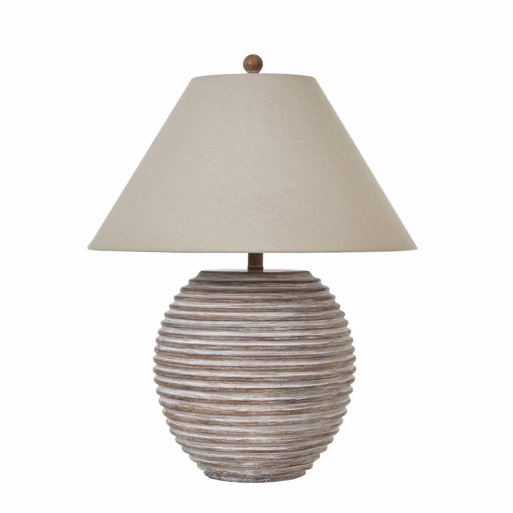 Wyld Haus Montresor Ribbed Ceramic Table Lamp with Cream Linen Shade in Brown and Aged Wood Finish – 2