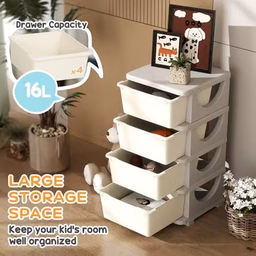 HOMCOM 4-Tier Plastic Kids Toy Storage Unit with 4 Drawers, White – 3